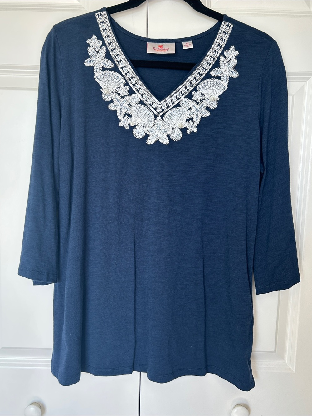 Quacker Factory Navy Top with White Embroidered V-Neck